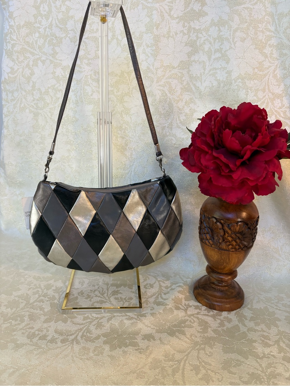 Jessica McClintock Metallic Harlequin Patchwork Small Shoulder Bag NWT